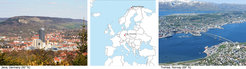 Photo of the city of Jena in Thuringia, Germany, overview map of Europe with red dots marked in Jena and Tromsø, aerial view of the city of Tromsø in Norway.